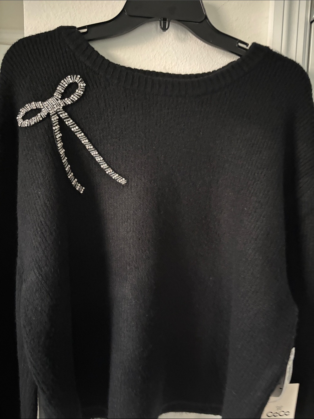 CeCe Black Crewneck Sweater with Rhinestone Bow - Picture 2 of 5